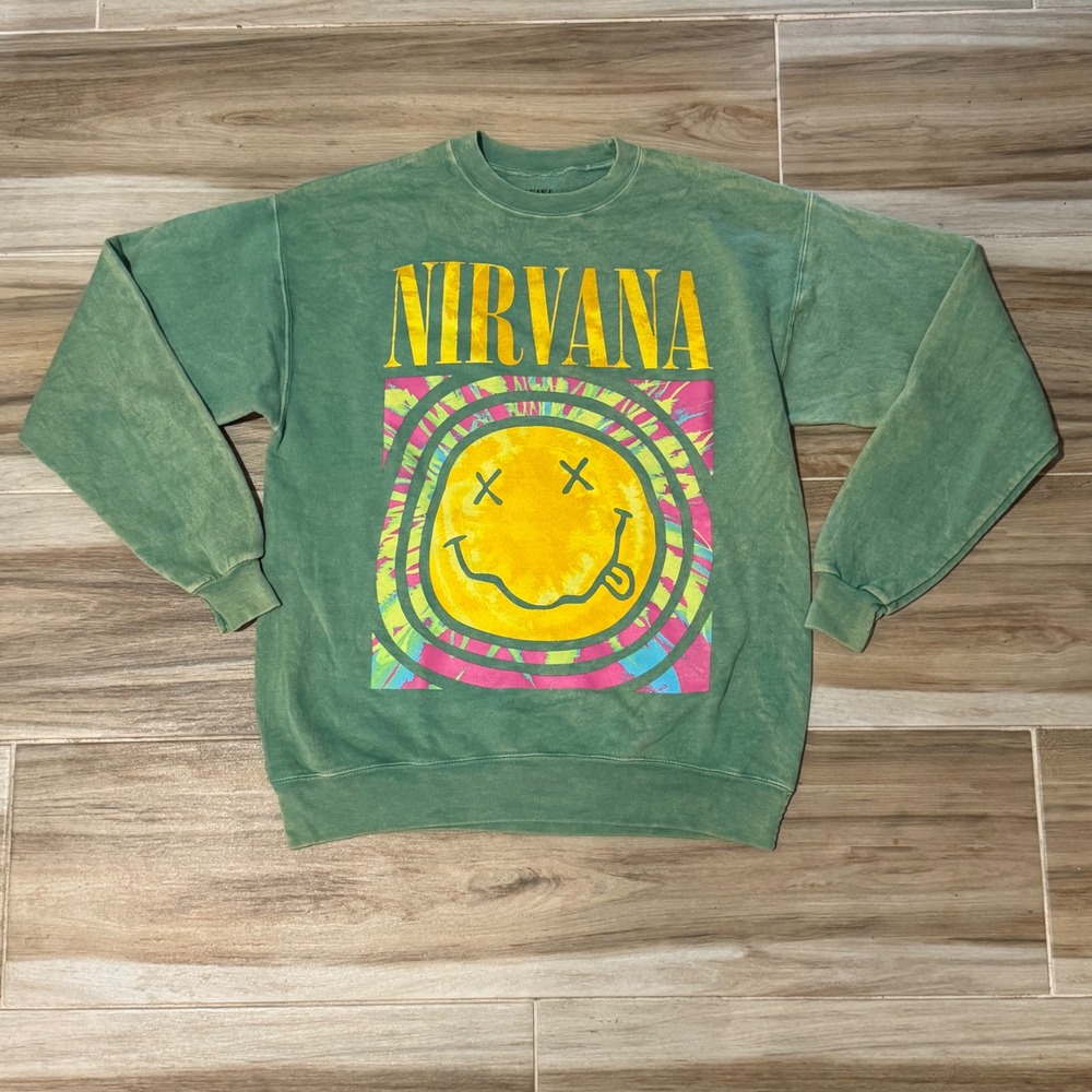 Nirvana Smiley Face Graphic Sweatshirt Green Mineral Wash Band Pullover Medium